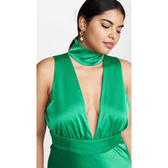 Fame and Partners Choker Plunge Neck Satin Dree Dress Kelly Green Size US2 - Picture 6 of 12